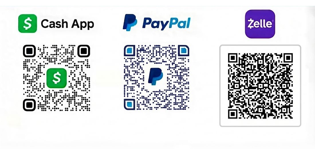 Accepted payment methods: Cash App, PayPal, and Zelle